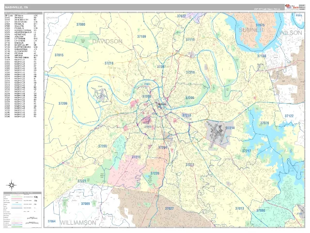 Nashville, TN ZIP Code Wall Map, Classic style