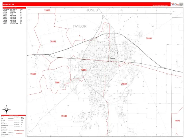Abilene, TX ZIP Code Wall Map, RedLine style