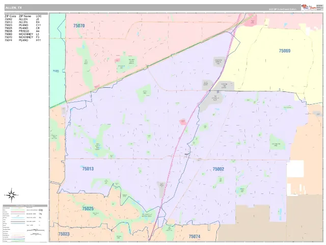 Allen, TX ZIP Code Wall Map, Classic style