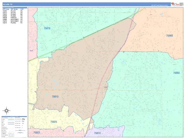 Allen, TX ZIP Code Wall Map, ColorCast style