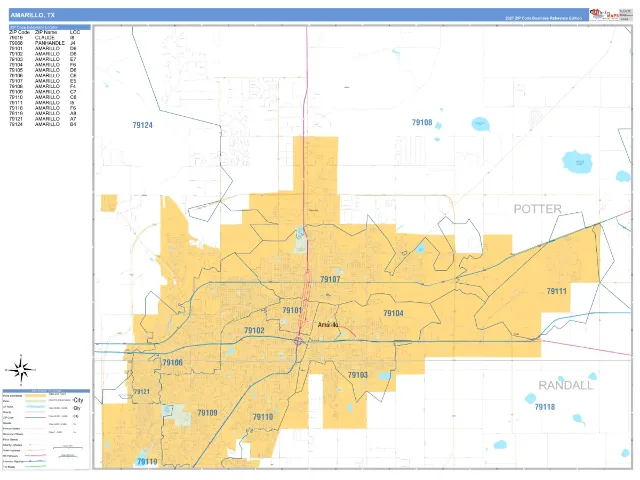 Amarillo, TX ZIP Code Wall Map, Business Reference style