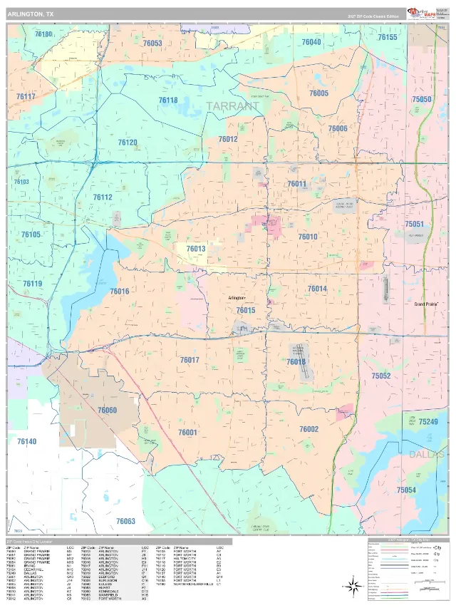 Arlington, TX ZIP Code Wall Map, Classic style