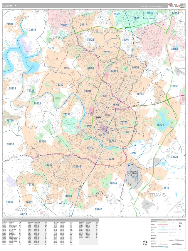 Austin, TX ZIP Code Wall Map, Classic style
