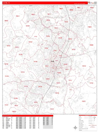 Austin, TX RedLine style ZIP Code wall map