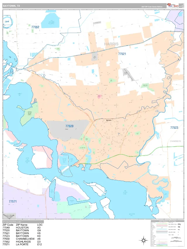 Baytown, TX ZIP Code Wall Map, Classic style