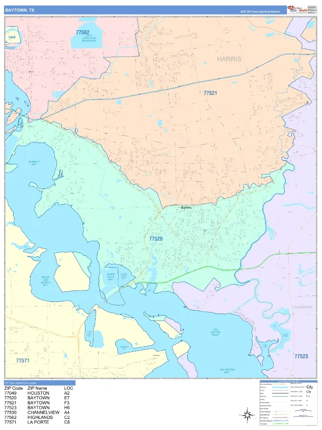 Baytown, TX ZIP Code Wall Map, ColorCast style