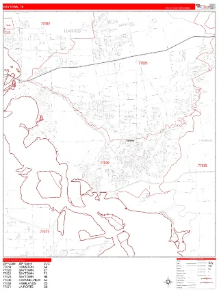 Baytown, TX RedLine style ZIP Code wall map