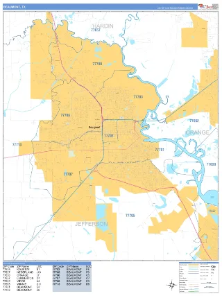 Beaumont, TX Business Reference style ZIP Code wall map