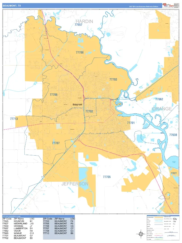 Beaumont, TX ZIP Code Wall Map, Business Reference style