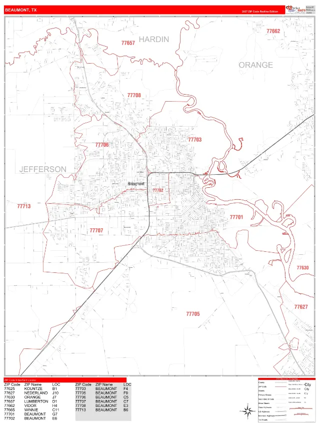 Beaumont, TX ZIP Code Wall Map, RedLine style