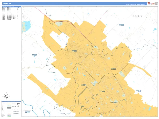 Bryan, TX ZIP Code Wall Map, Business Reference style
