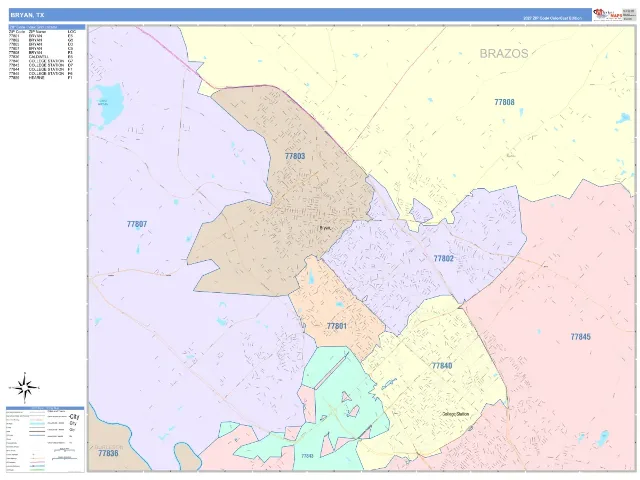 Bryan, TX ZIP Code Wall Map, ColorCast style
