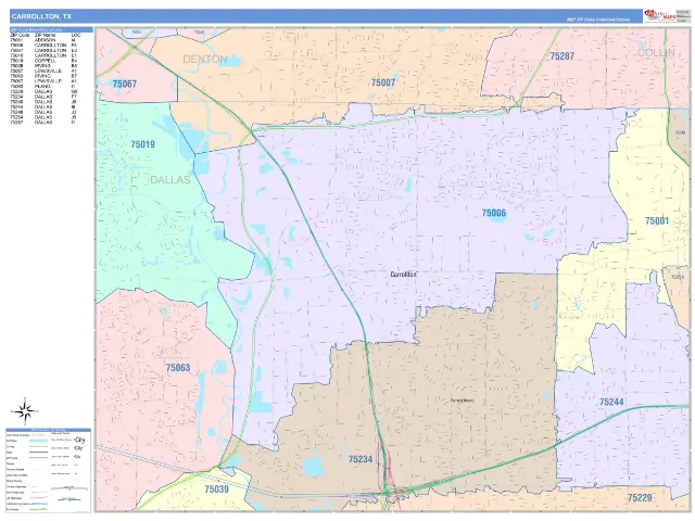 Carrollton, TX ZIP Code Wall Map, ColorCast style