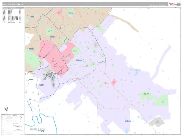 College Station, TX ZIP Code Wall Map, Classic style