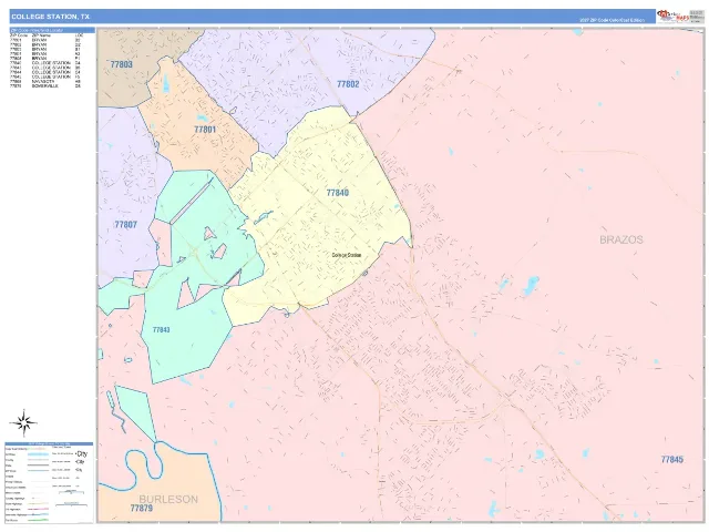 College Station, TX ZIP Code Wall Map, ColorCast style