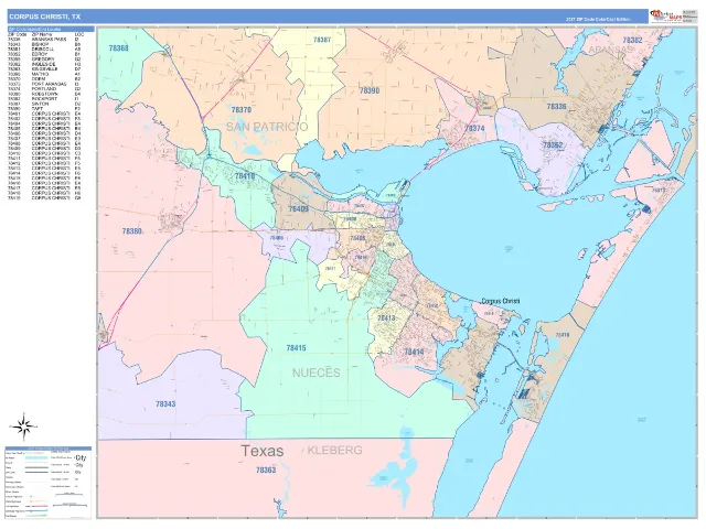 Corpus Christi, TX ZIP Code Wall Map, ColorCast style