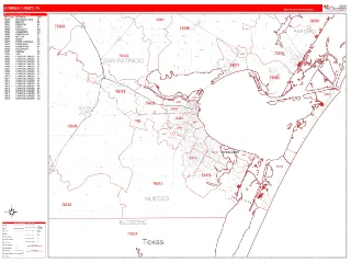 Corpus Christi, TX RedLine style ZIP Code wall map