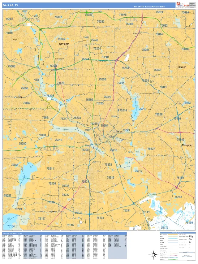 Dallas, TX ZIP Code Wall Map, Business Reference style