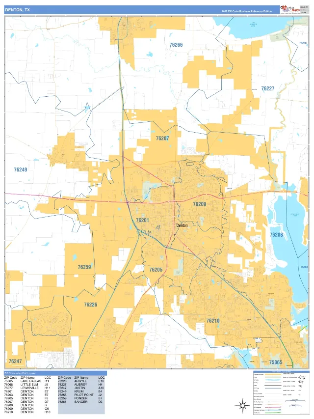 Denton, TX ZIP Code Wall Map, Business Reference style