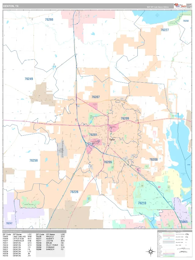 Denton, TX ZIP Code Wall Map, Classic style