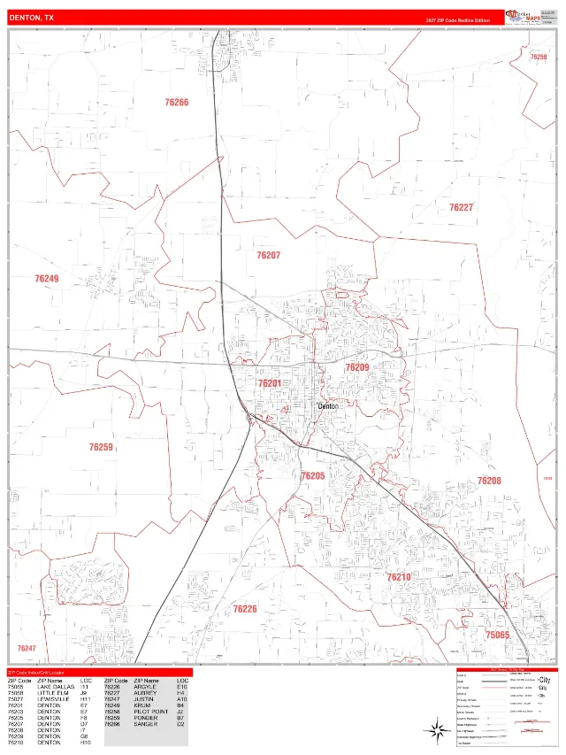 Denton, TX ZIP Code Wall Map, RedLine style