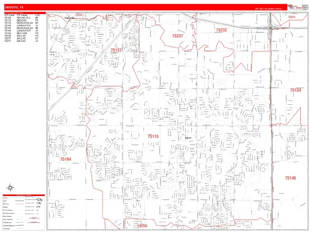 DeSoto, TX ZIP Code Wall Map, RedLine style