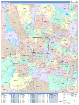 Fort Worth, TX ColorCast style ZIP Code wall map