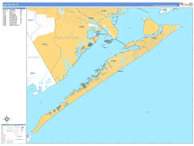 Galveston, TX ZIP Code Wall Map, Business Reference style