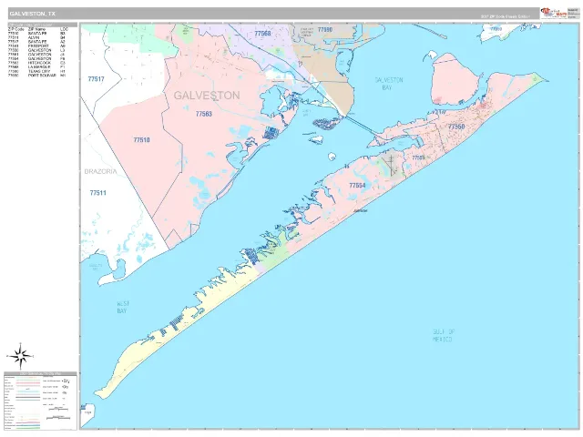 Galveston, TX ZIP Code Wall Map, Classic style