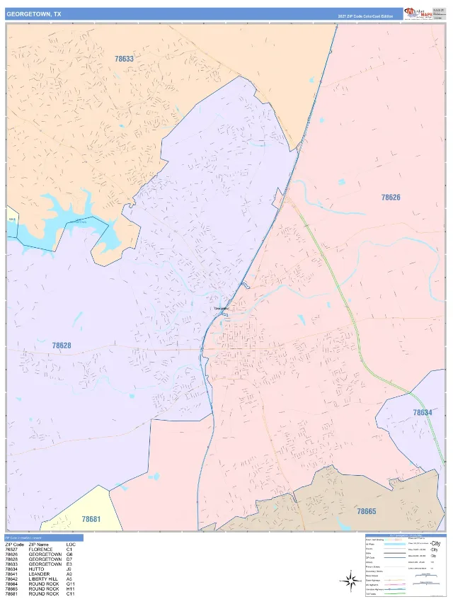 Georgetown, TX ZIP Code Wall Map, ColorCast style