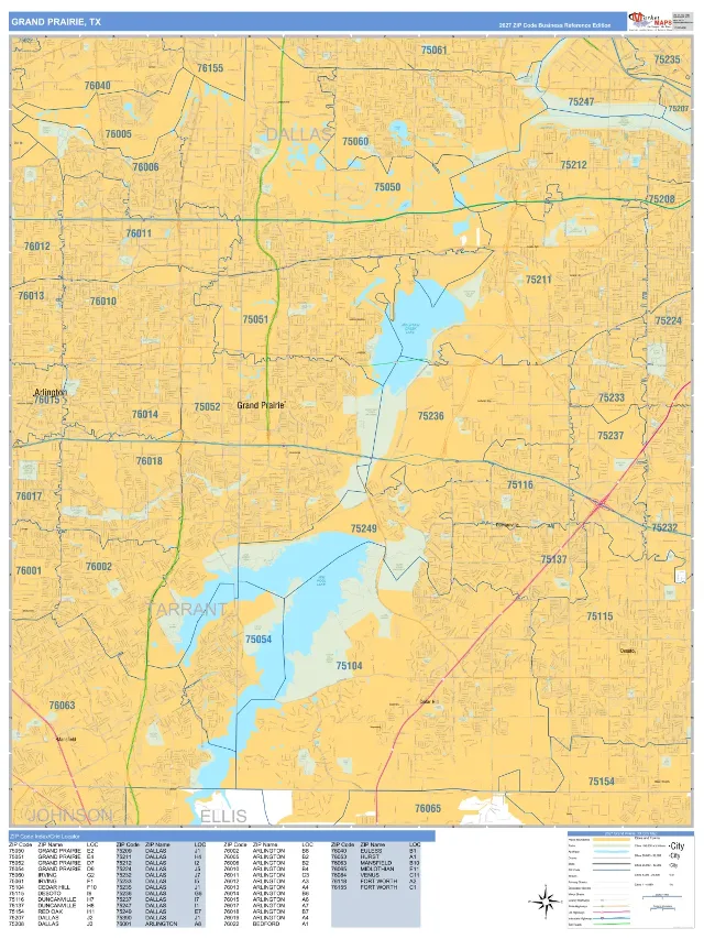 Grand Prairie, TX ZIP Code Wall Map, Business Reference style