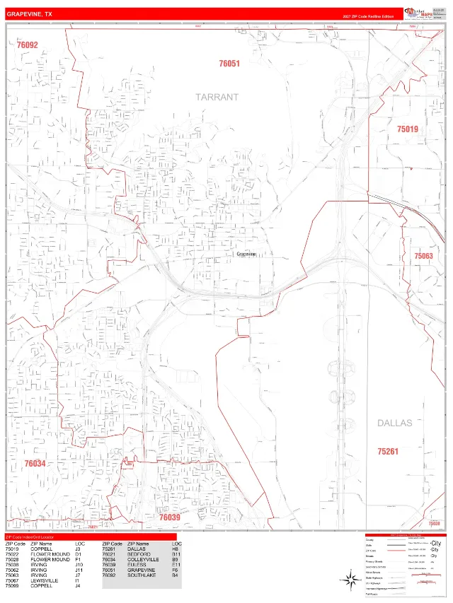 Grapevine, TX ZIP Code Wall Map, RedLine style