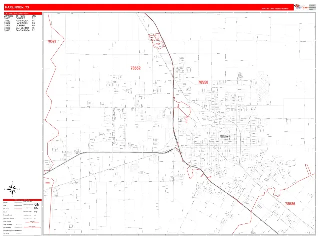 Harlingen, TX ZIP Code Wall Map, RedLine style