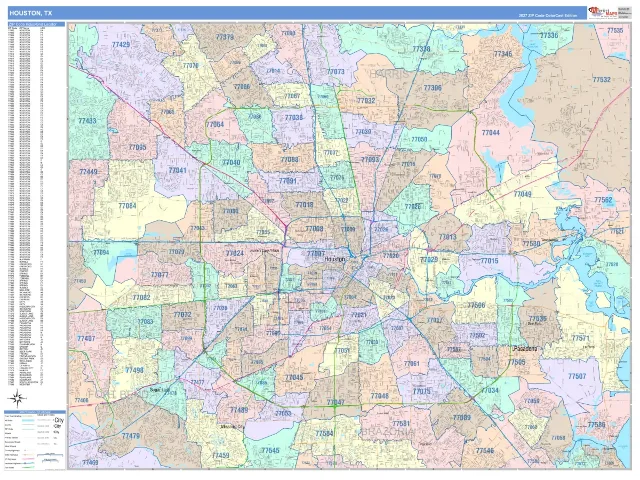 Houston, TX ZIP Code Wall Map, ColorCast style
