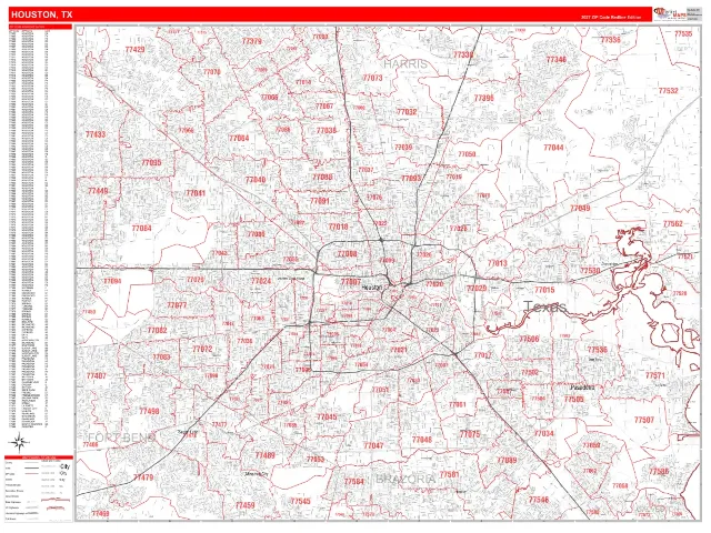 Houston, TX ZIP Code Wall Map, RedLine style