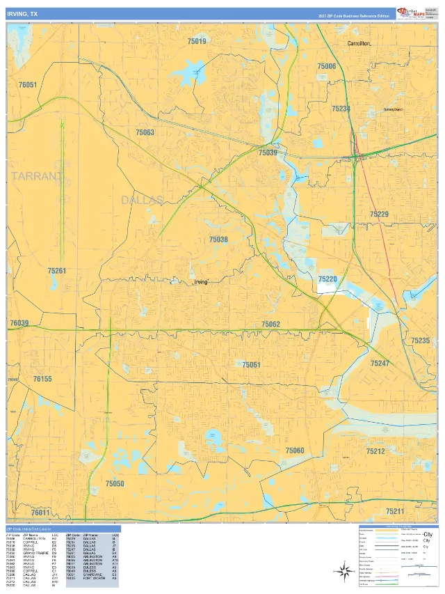 Irving, TX ZIP Code Wall Map, Business Reference style