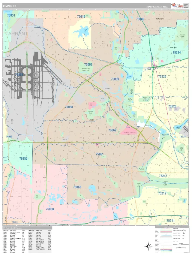 Irving, TX ZIP Code Wall Map, Classic style