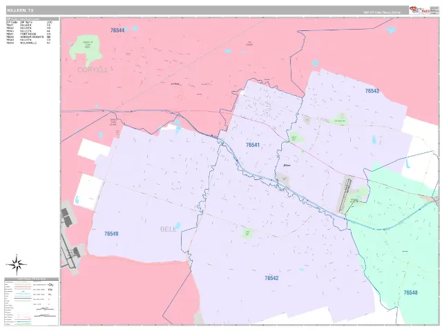 Killeen, TX ZIP Code Wall Map, Classic style