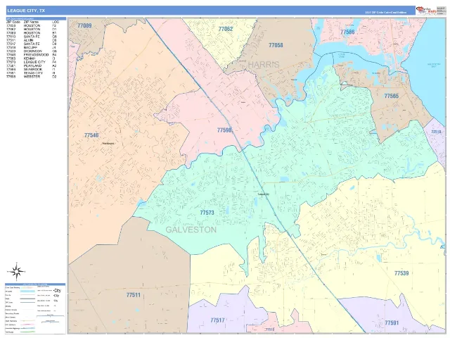 League City, TX ZIP Code Wall Map, ColorCast style