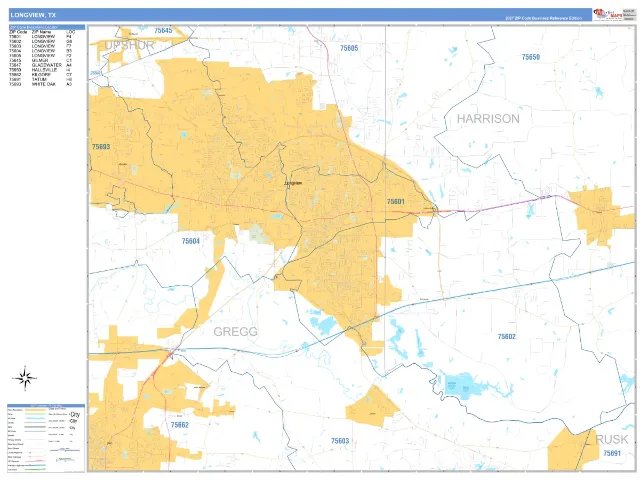 Longview, TX ZIP Code Wall Map, Business Reference style