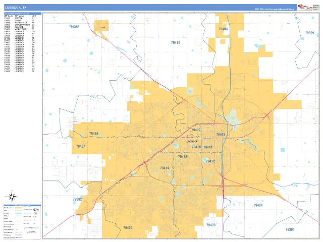 Lubbock, TX ZIP Code Wall Map, Business Reference style