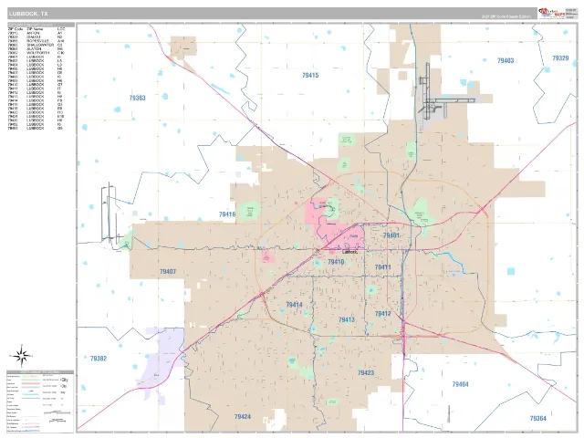 Lubbock, TX ZIP Code Wall Map, Classic style