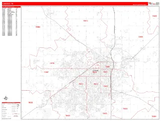 Lubbock, TX RedLine style ZIP Code wall map