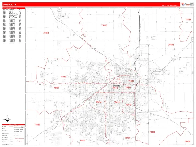 Lubbock, TX ZIP Code Wall Map, RedLine style