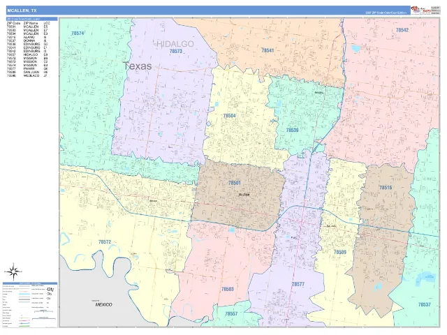 McAllen, TX ZIP Code Wall Map, ColorCast style