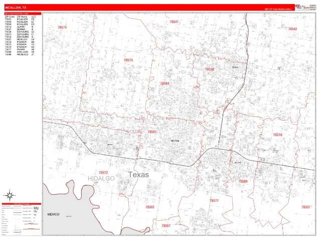 McAllen, TX ZIP Code Wall Map, RedLine style