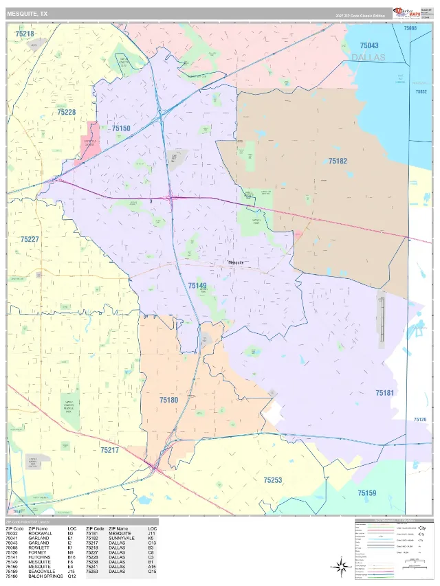 Mesquite, TX ZIP Code Wall Map, Classic style