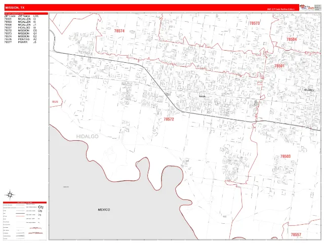 Mission, TX ZIP Code Wall Map, RedLine style