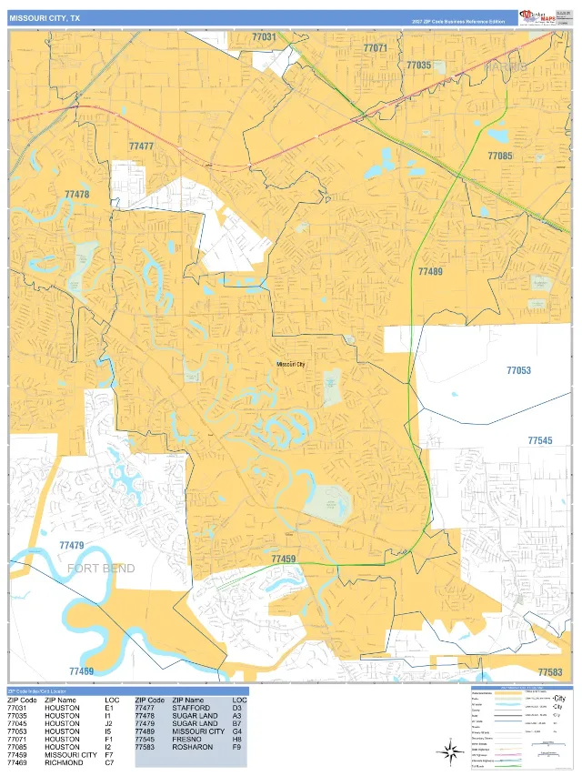 Missouri City, TX ZIP Code Wall Map, Business Reference style