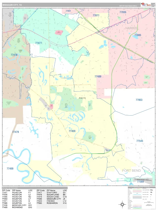 Missouri City, TX ZIP Code Wall Map, Classic style